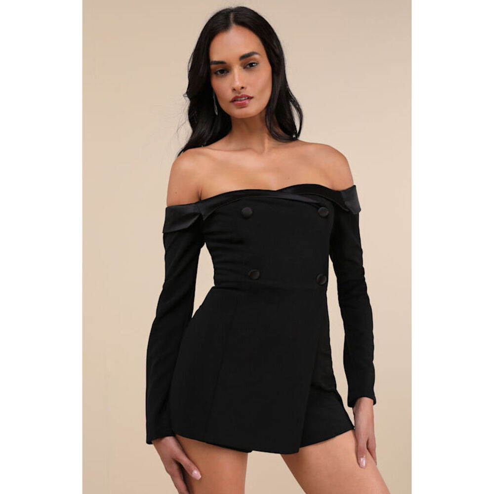 Lulus Exquisite Energy Black Off-the-shoulder Skort Romper - Size S